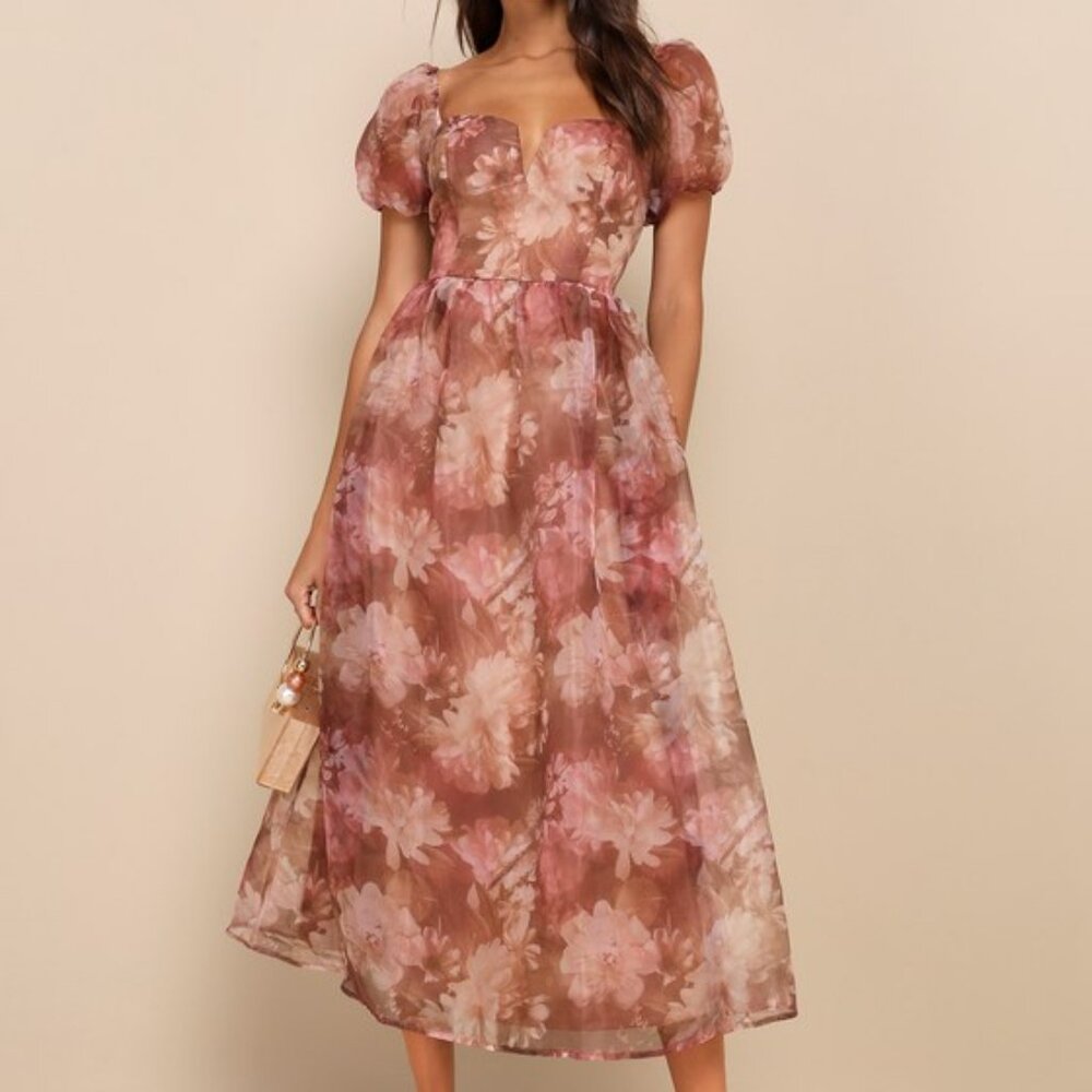 Lulus Lovely Statement Light Brown Floral Organza Tie-back Midi Dress - Size XS